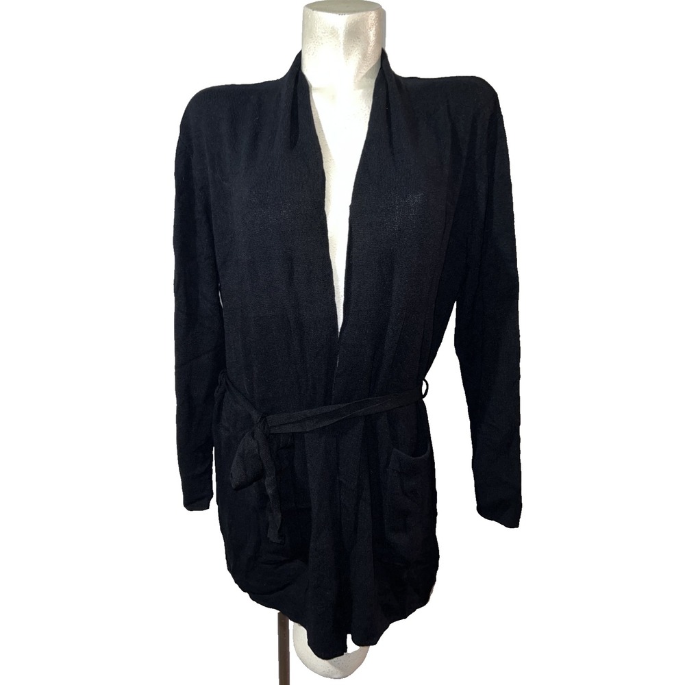 New Sigrid Olsen Womens Large Black Belted Cardigan Sweater Rayon Nylon Knit NWT